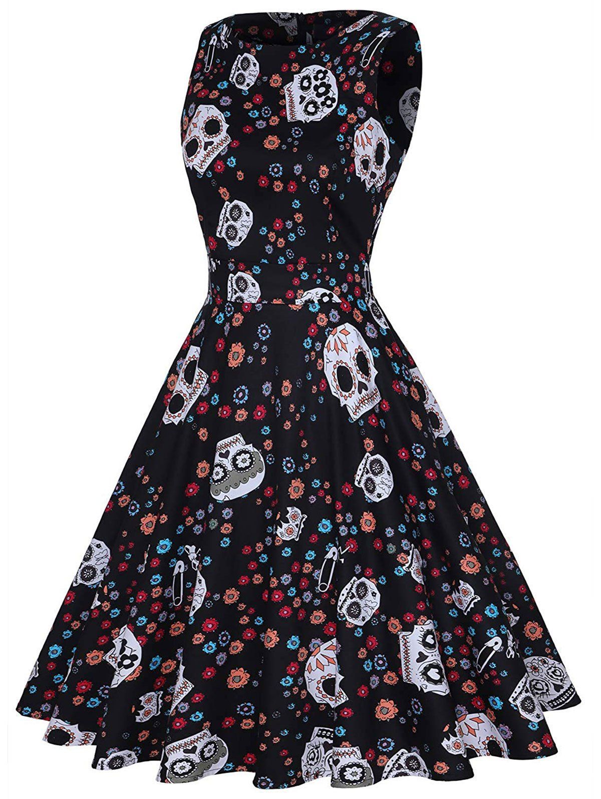 

Halloween Skulls Floral Print A Line Retro Dress, Black
