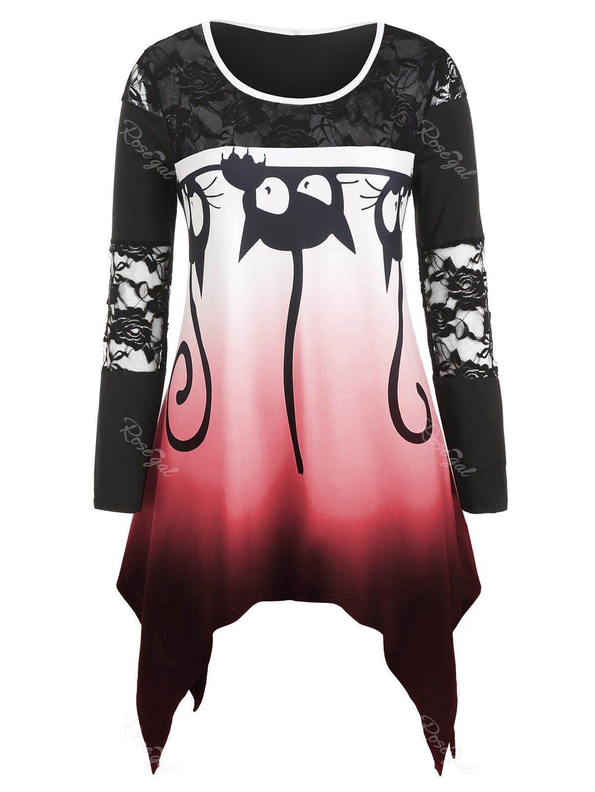 

Plus Size Halloween Cat Print Handkerchief Ombre Lace Panel Tee, Multi-b