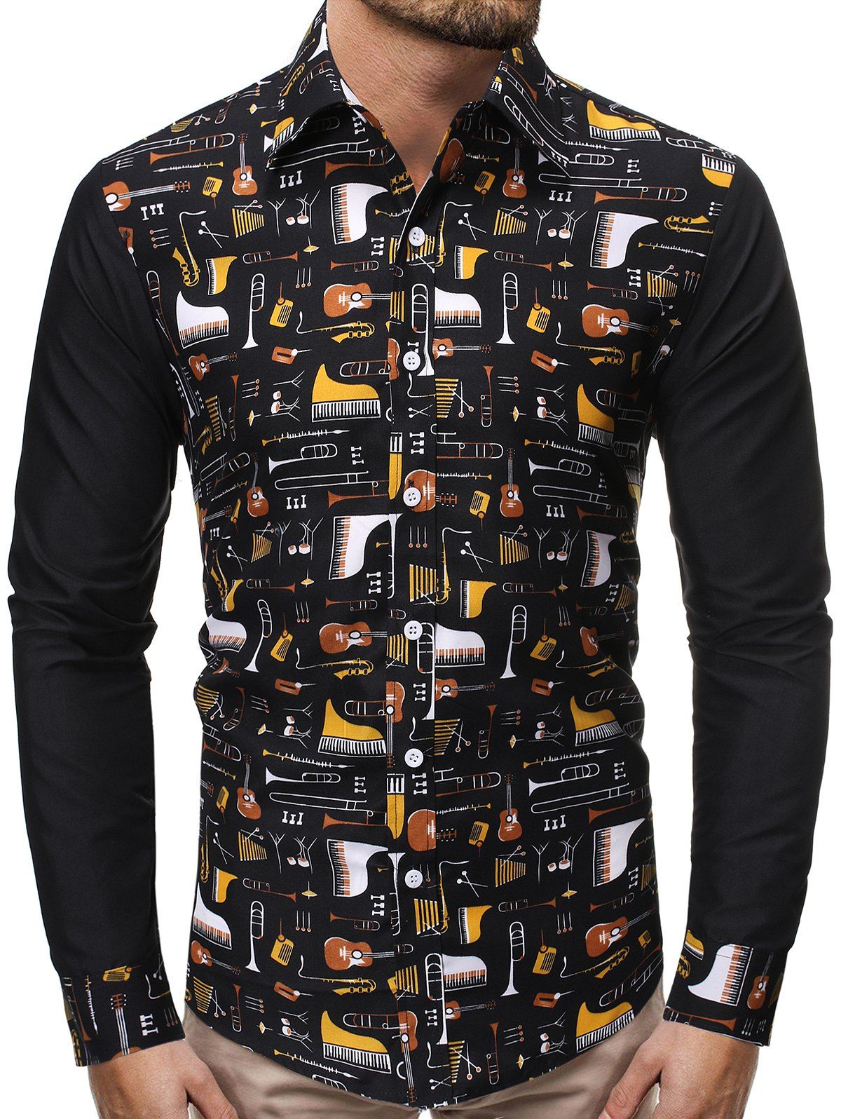 

Color Block Spliced Music Instrument Print Button Shirt, Multi