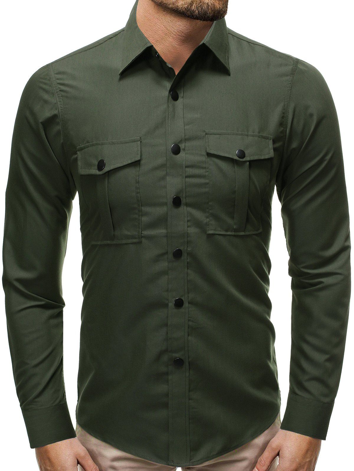 

Solid Color Snap Button Pocket Long Sleeve Casual Shirt, Green
