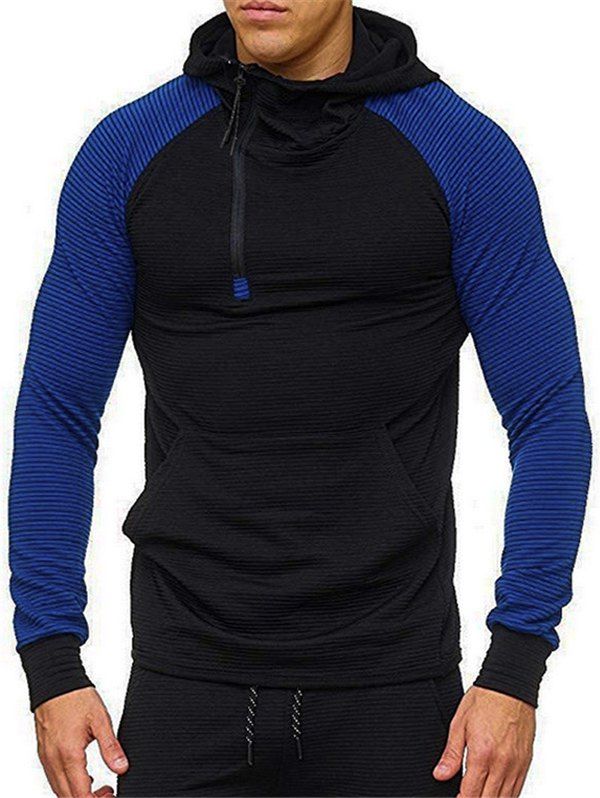 

Color Blocking Splicing Raglan Sleeve Half Zipper Hoodie, Blue