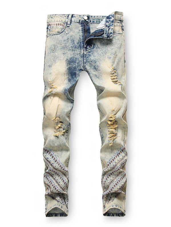

Embroidery Decoration Zip Fly Ripped Jeans, Jeans blue