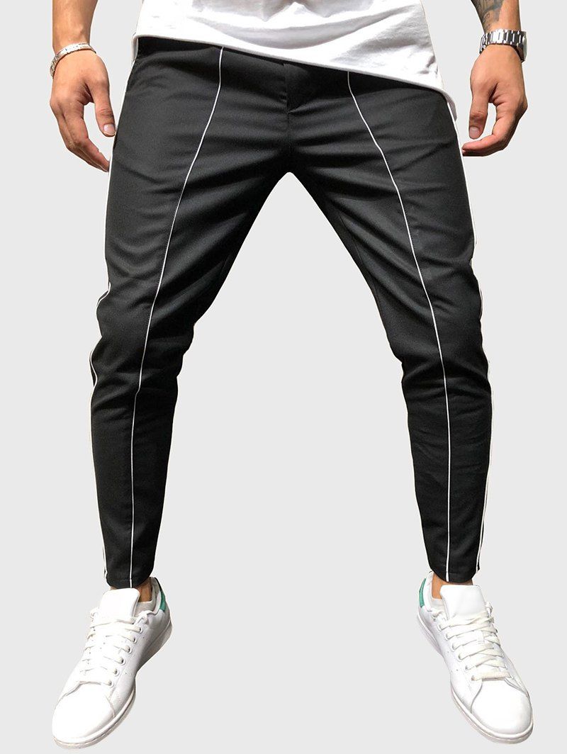 

Contrast Trim Drawstring Long Straight Sport Pants, Black