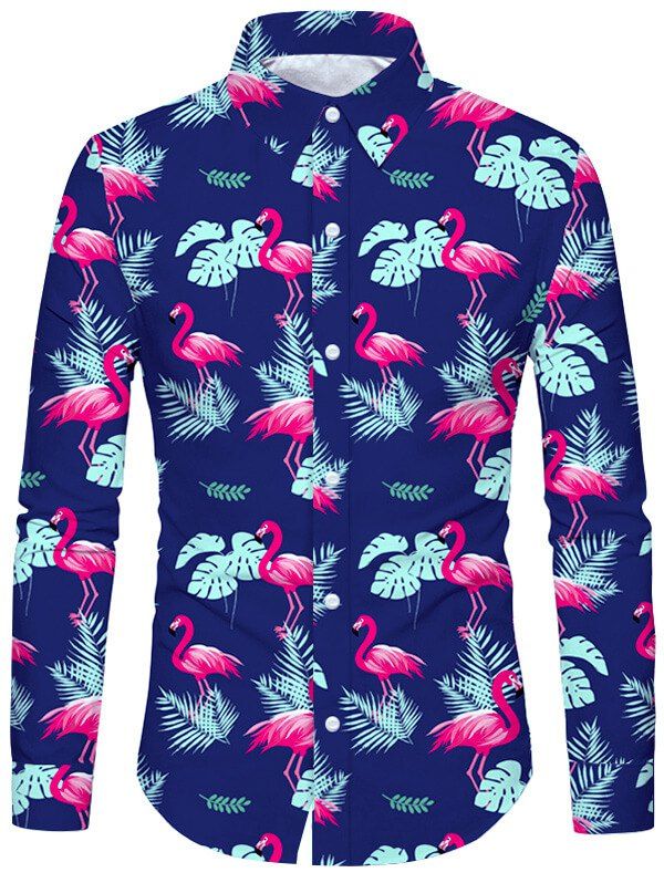 

Flamingo Leaf Printed Long Sleeves Shirt, Cadetblue