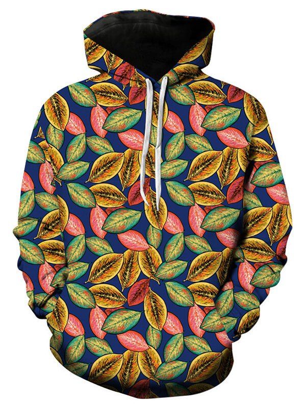 

Leaf Print Casual Pocket Hoodie, Marble blue