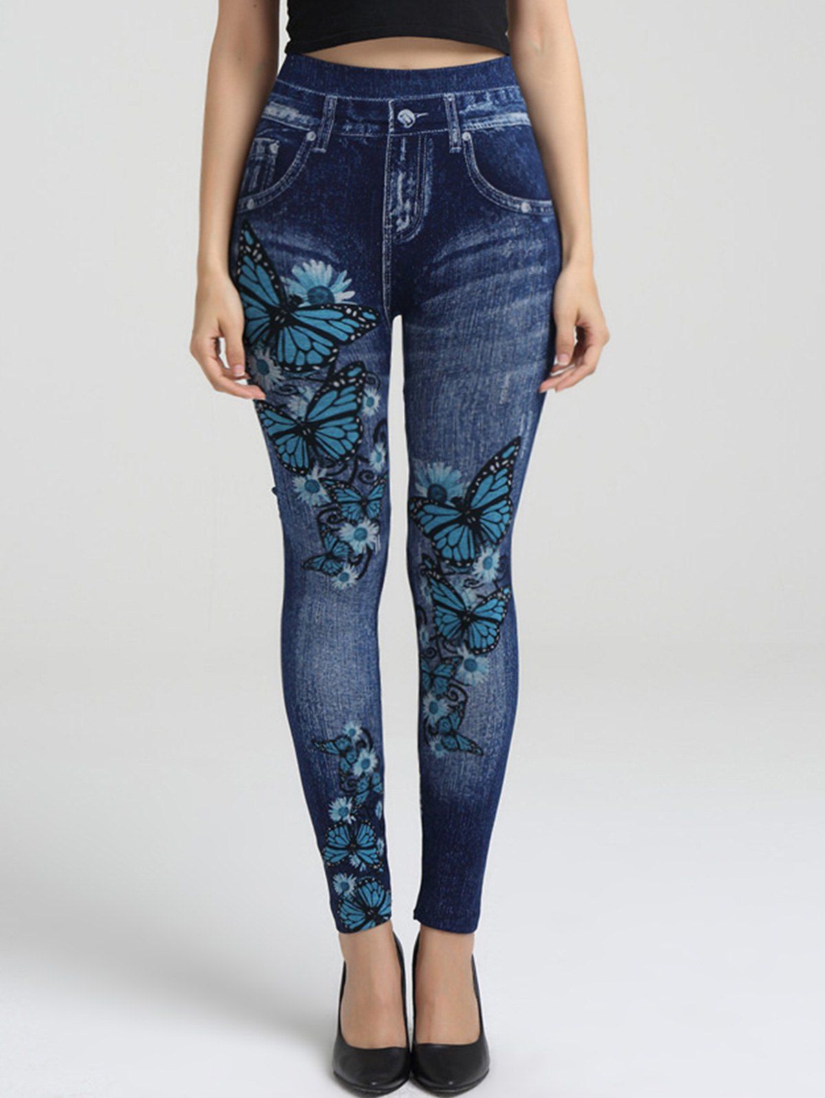 

3D Floral Butterfly Print Elastic Waist Jeggings, Midnight blue