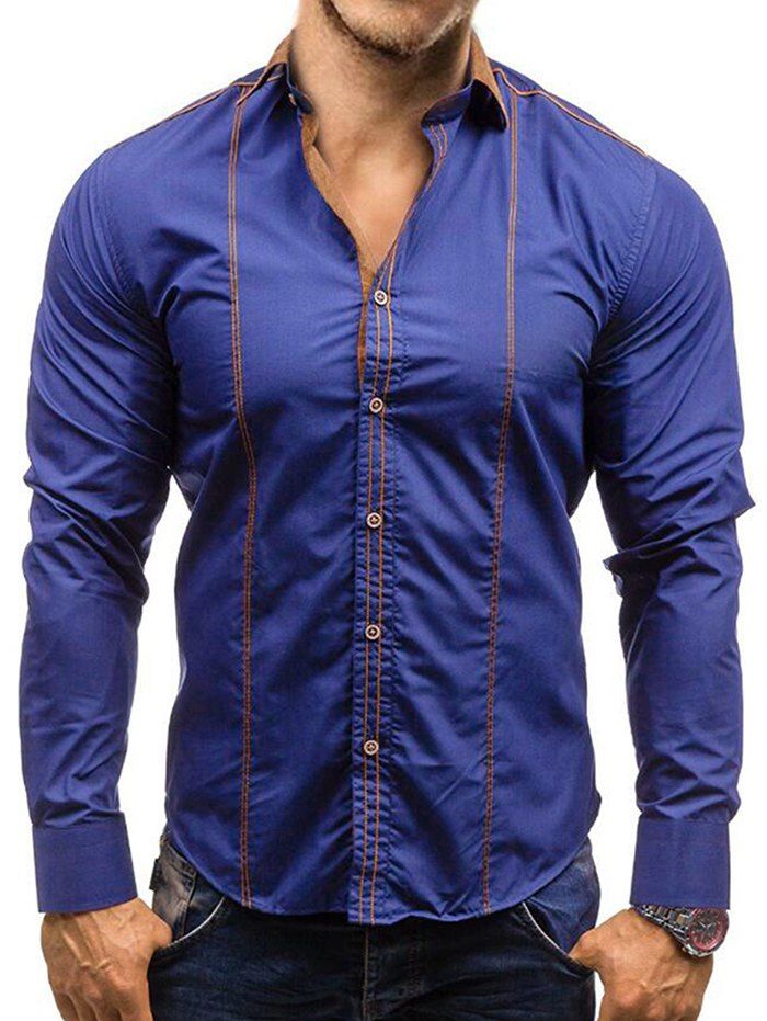 

Faux Suede Contrast Collar Button Up Shirt, Deep blue