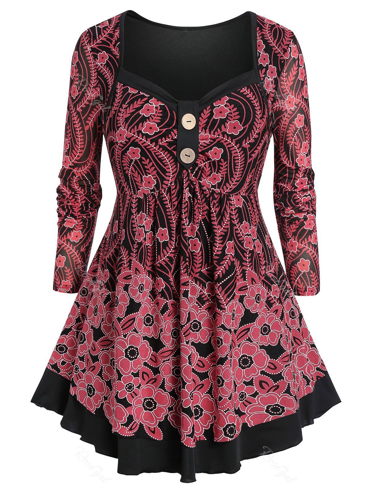 

Plus Size Tunic Floral Print Sweetheart Collar T Shirt, Pink