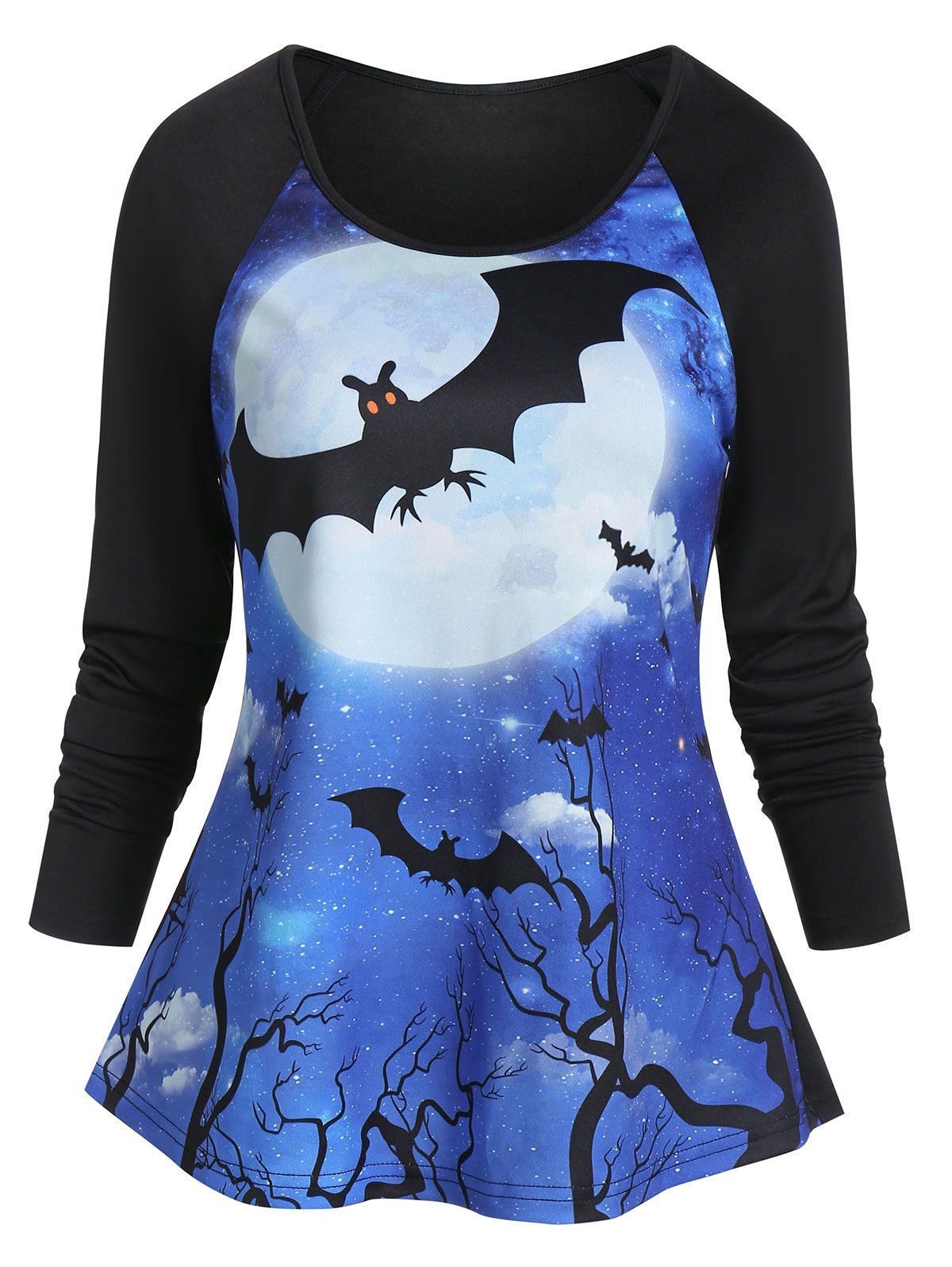 

Raglan Sleeve Round Collar Bat Print Halloween T Shirt, Black