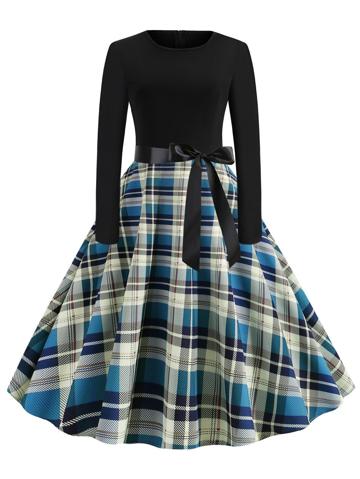 

Plaid Belted Vintage Flare Dress, Blue