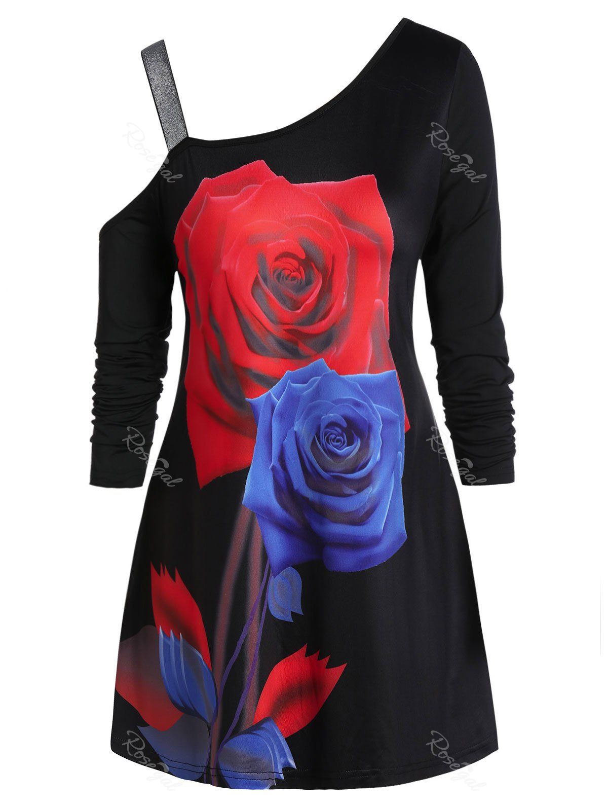 

Plus Size Skew Neck Rose Print Long Tunic T Shirt, Black