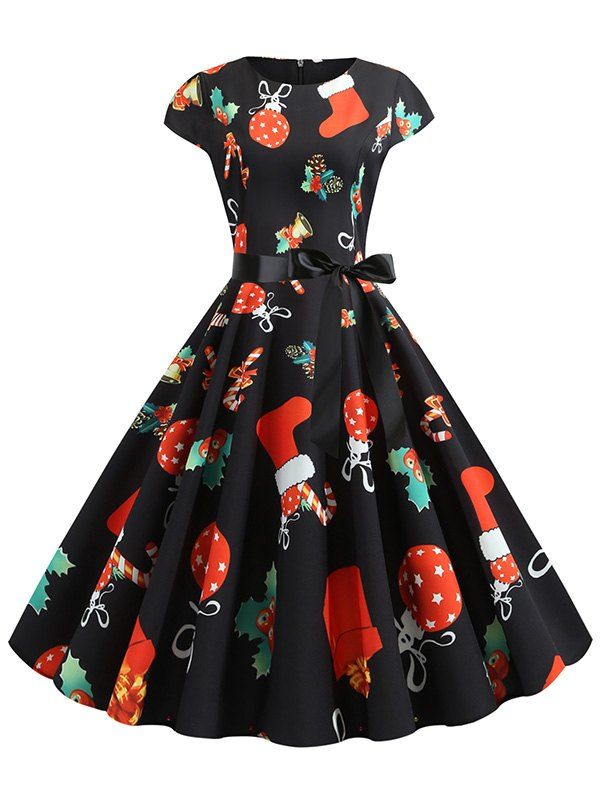 

Santa Claus Gifts Cap Sleeves Belted Christmas Dress, Multi-b