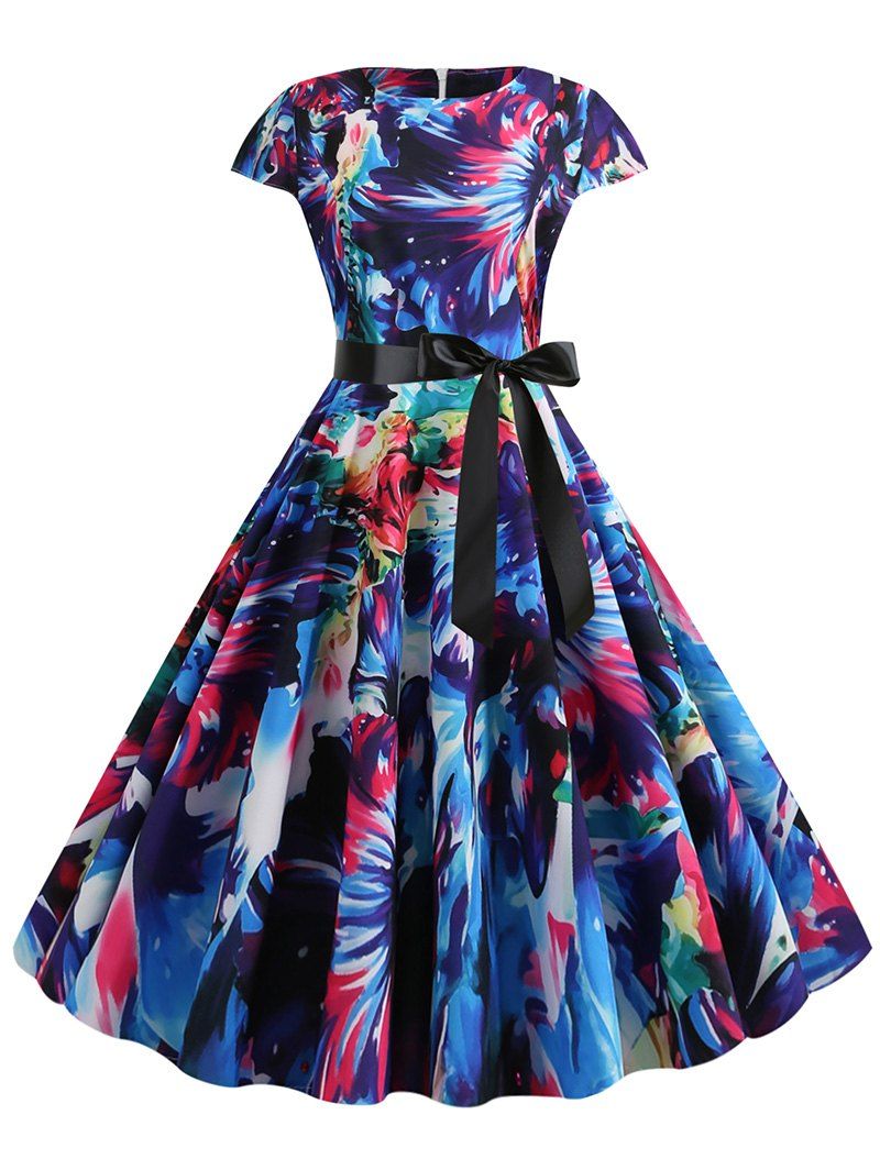 

Watercolor Print Round Neck Belted A Line Dress, Blue
