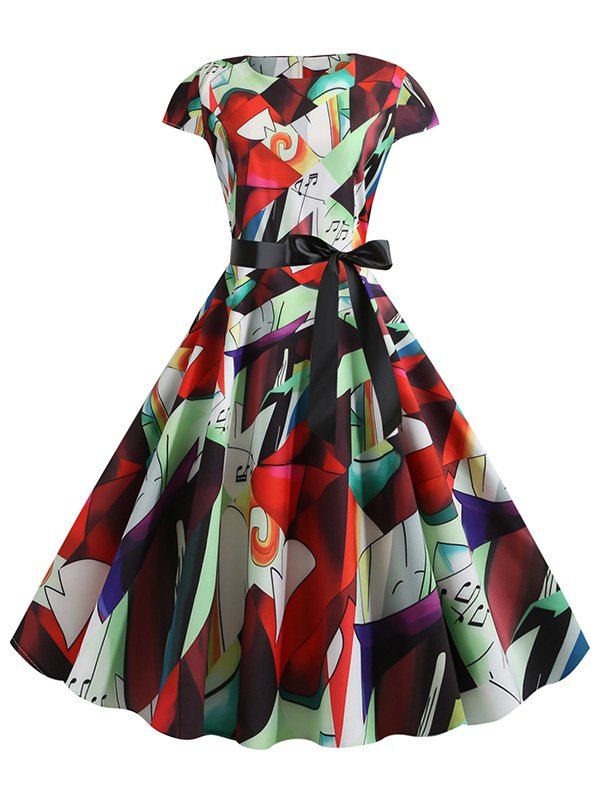 

Contrast Printed Round Neck Belted Dress, Multi