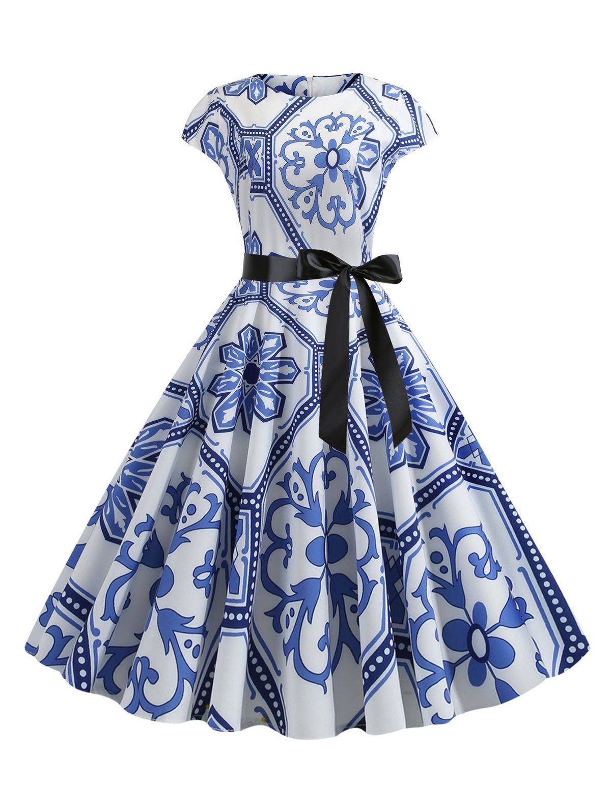 

Floral Print Cap Sleeves Vintage Belted Dress, Blue