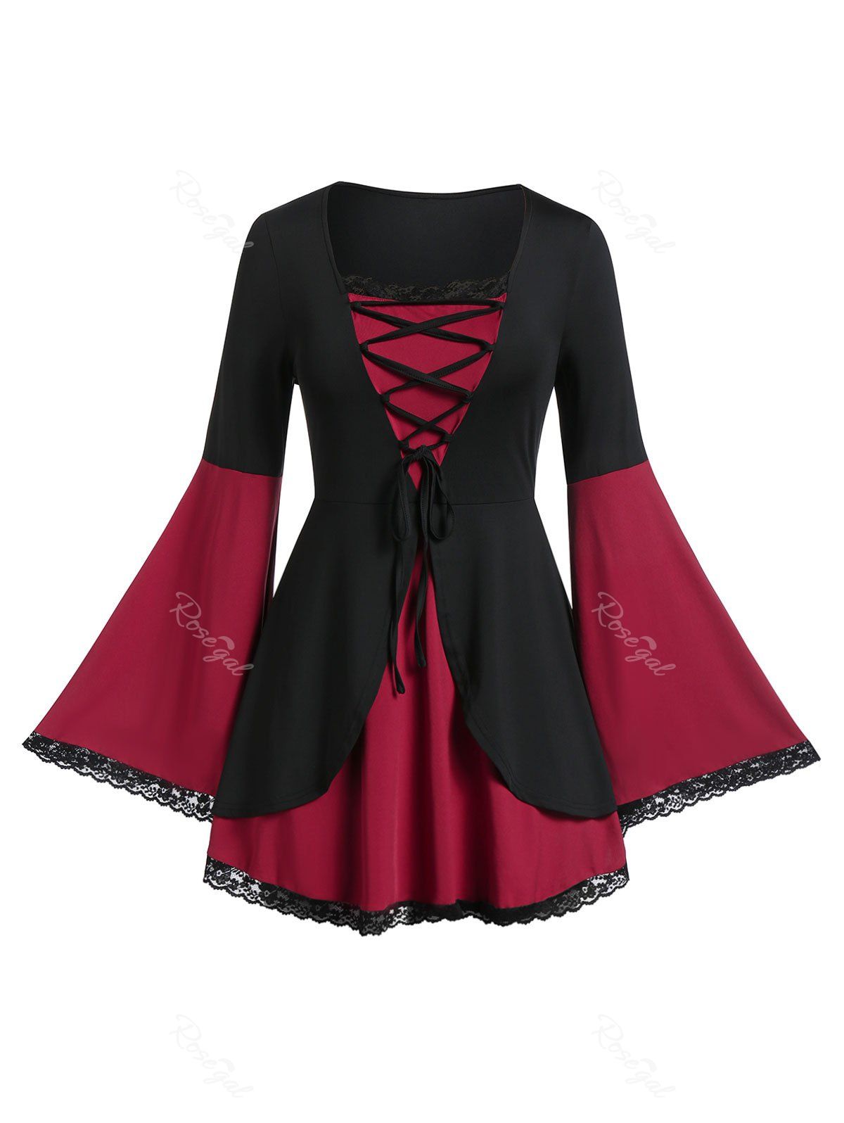 

Plus Size Bell Sleeve Lace Up Two Tone Halloween T Shirt, Black