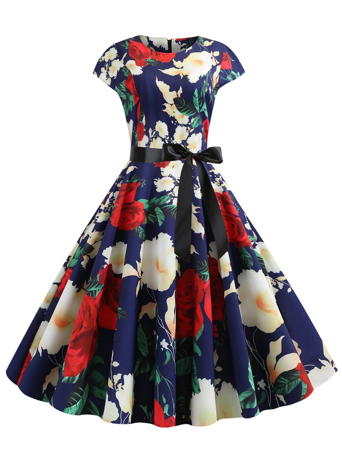 

Floral Print Cap Sleeves Belted A Line Dress, Cadetblue