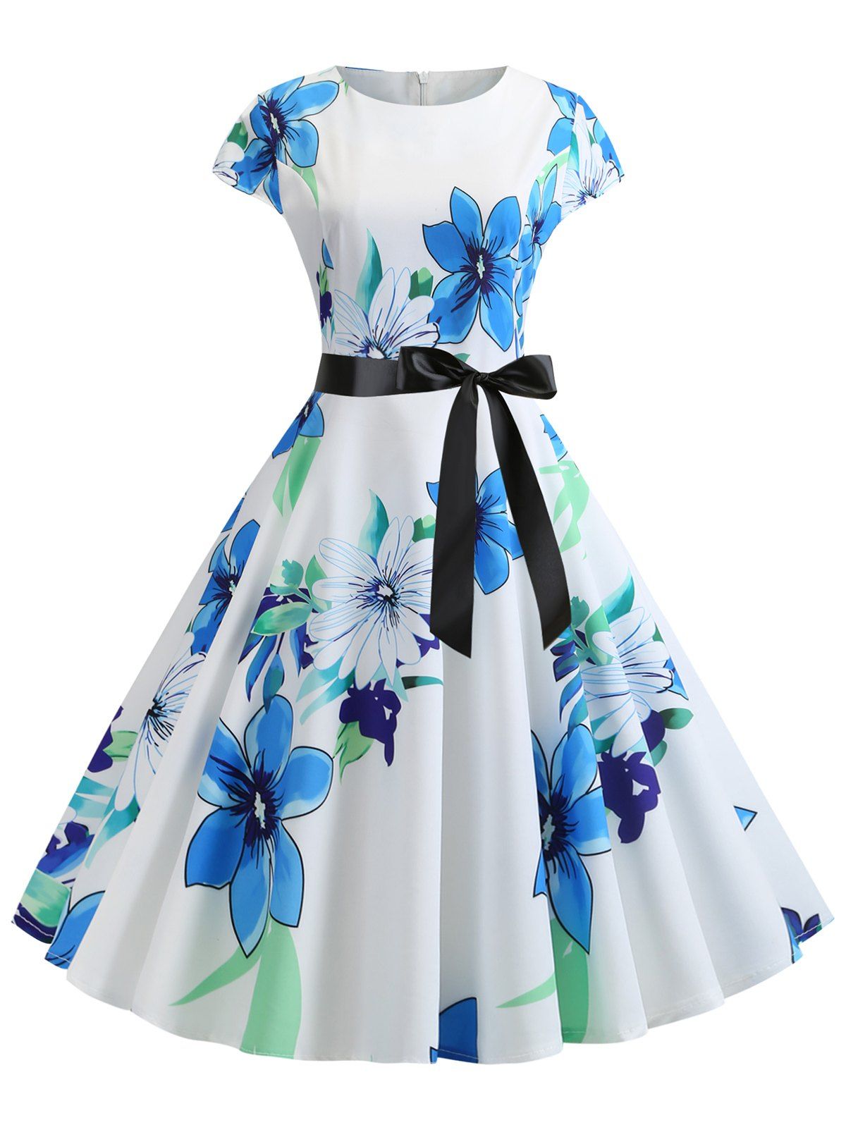 

Floral Print Cap Sleeves Belted A Line Dress, White