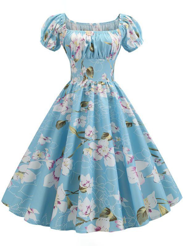 

Plus Size Floral Print Ruched Vintage Swing Dress, Deep sky blue