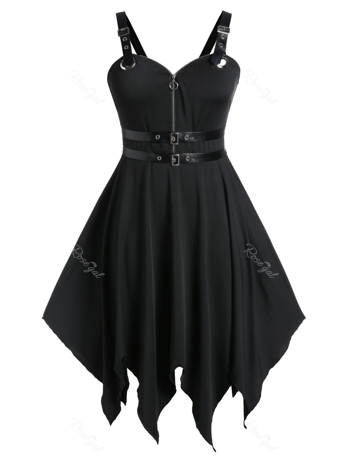 

Plus Size Handkerchief Buckle PU Trims Gothic Halloween Dress, Black