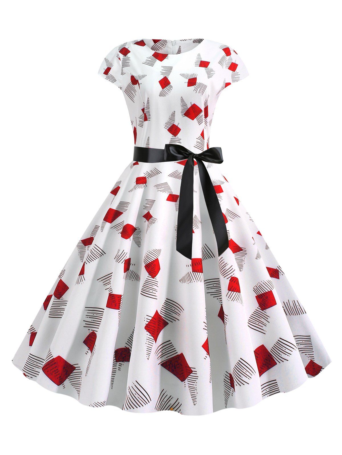 

Cap Sleeves Printed Belted Vintage Dress, Red