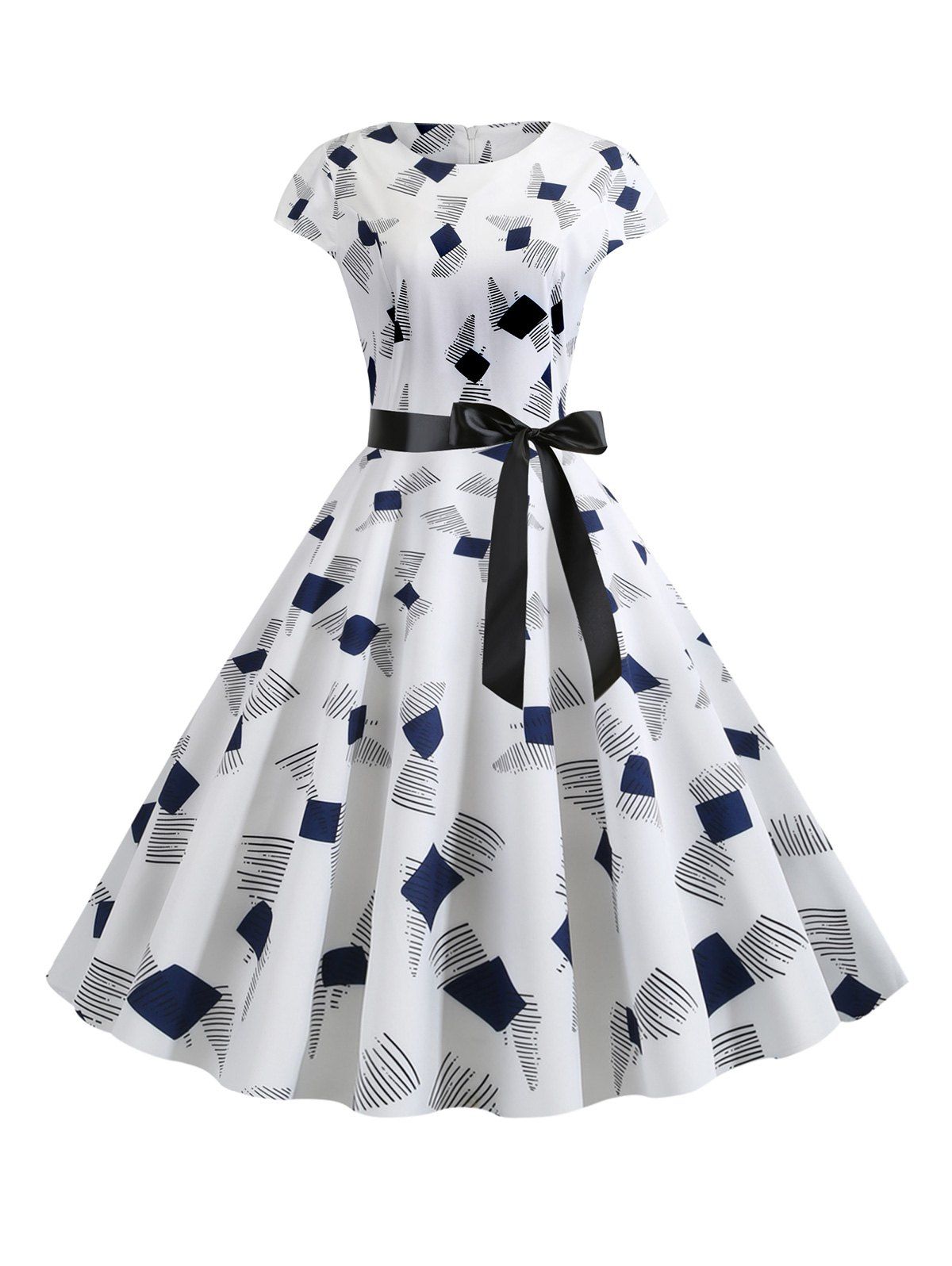 

Cap Sleeves Printed Belted Vintage Dress, Blue