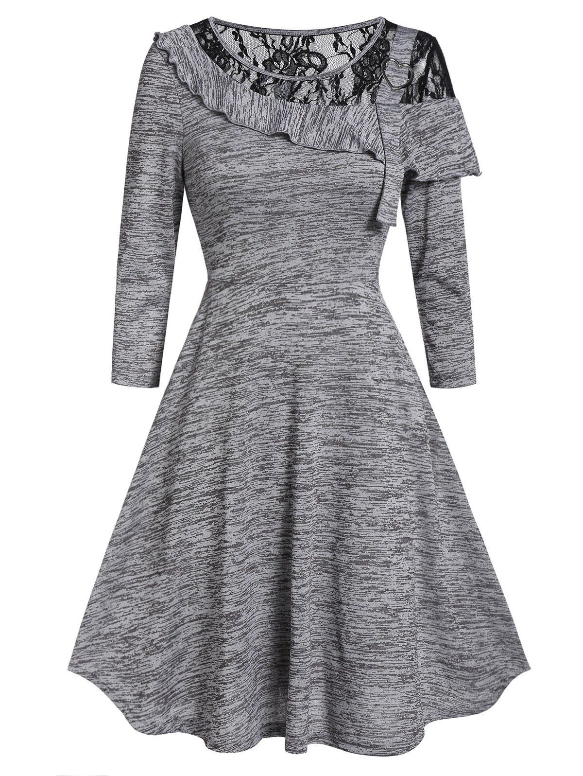 

Lace Panel Space Dye High Waist A Line Dress, Gray
