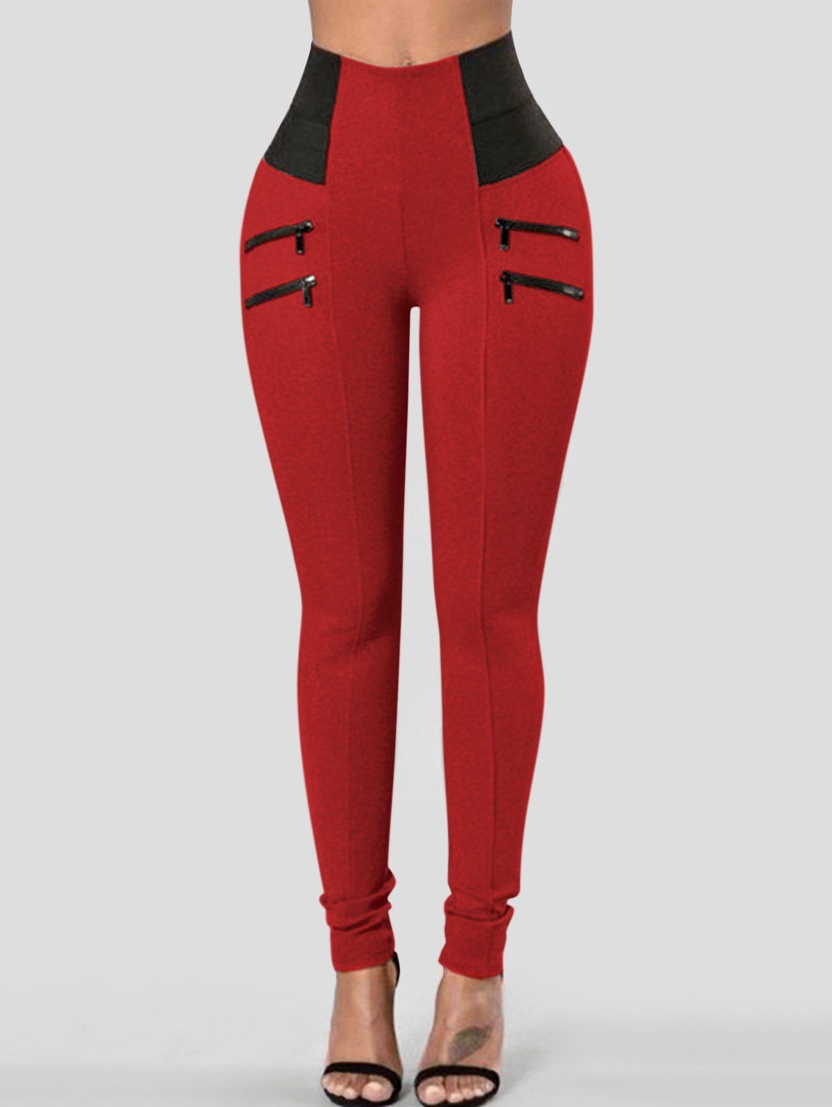 

Zippers Elastic Waist Skinny Pants, Lava red