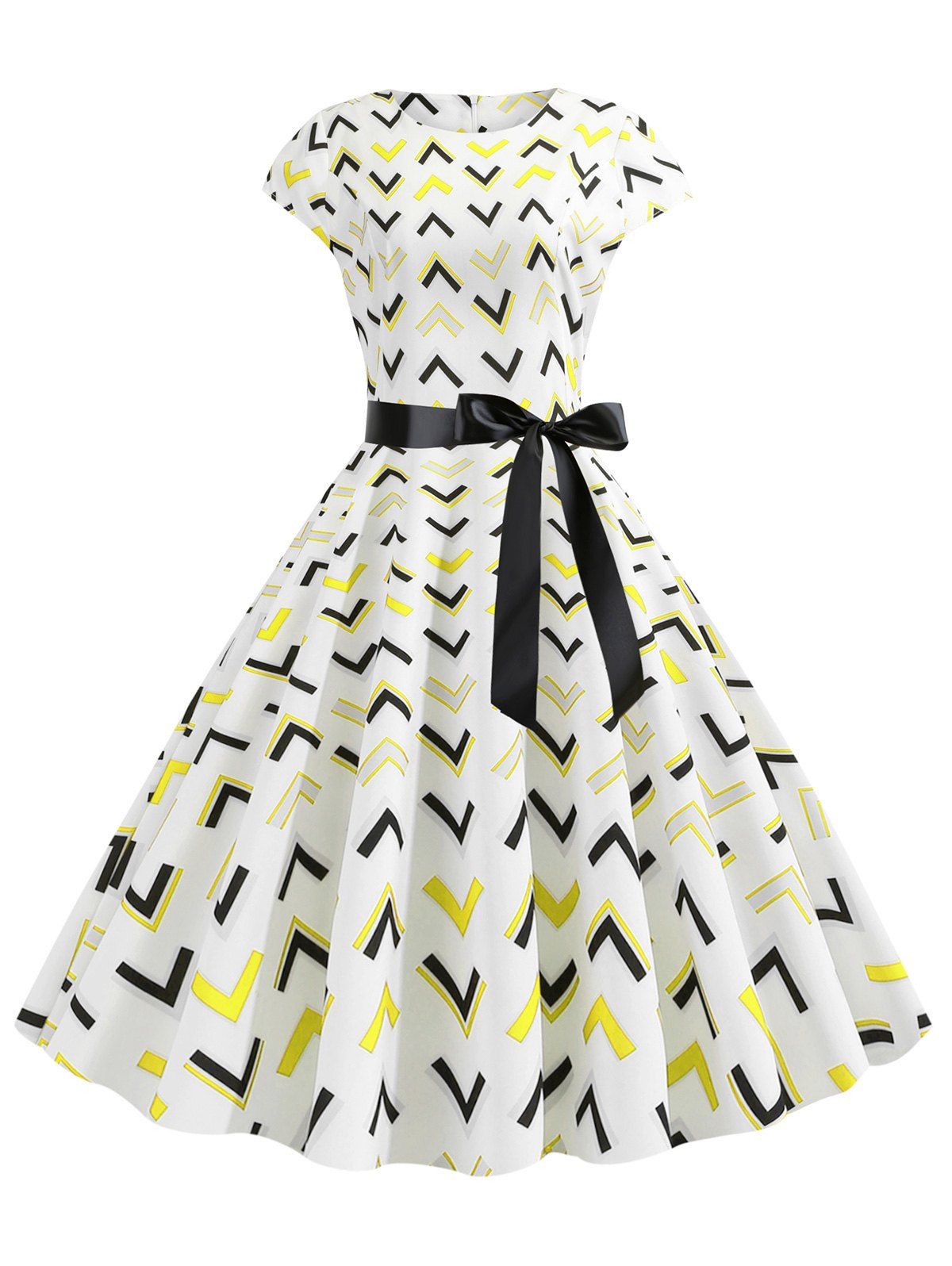 

Geometric Print Belted A Line Dress, Yellow