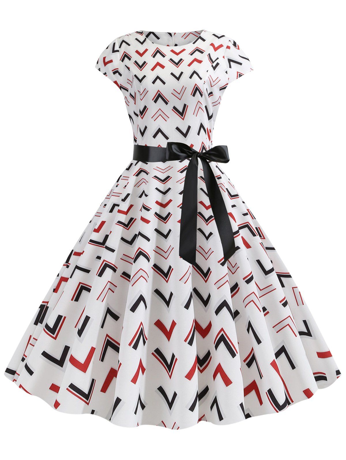 

Geometric Print Belted A Line Dress, Red