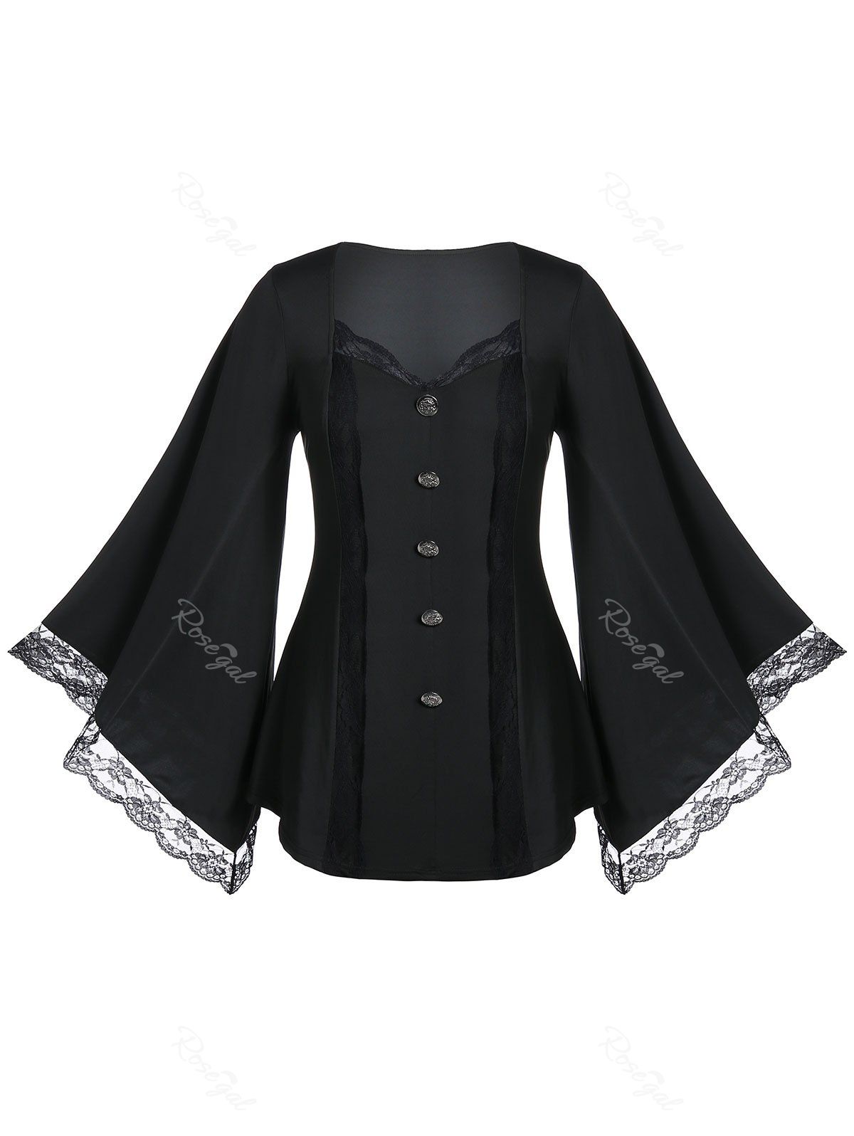 

Plus Size Flare Sleeve Lace Panel Tunic T Shirt, Black