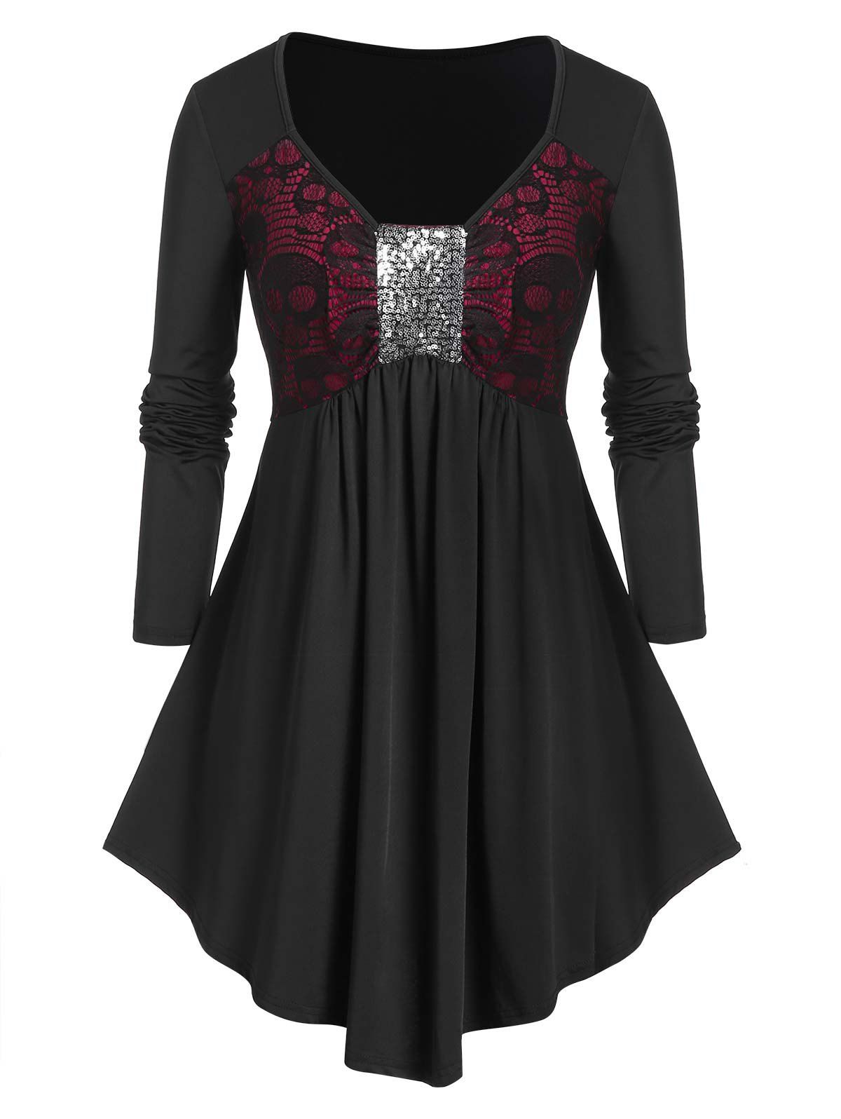 

Plus Size Skull Lace Sequins Halloween Empire Waist Tee, Black