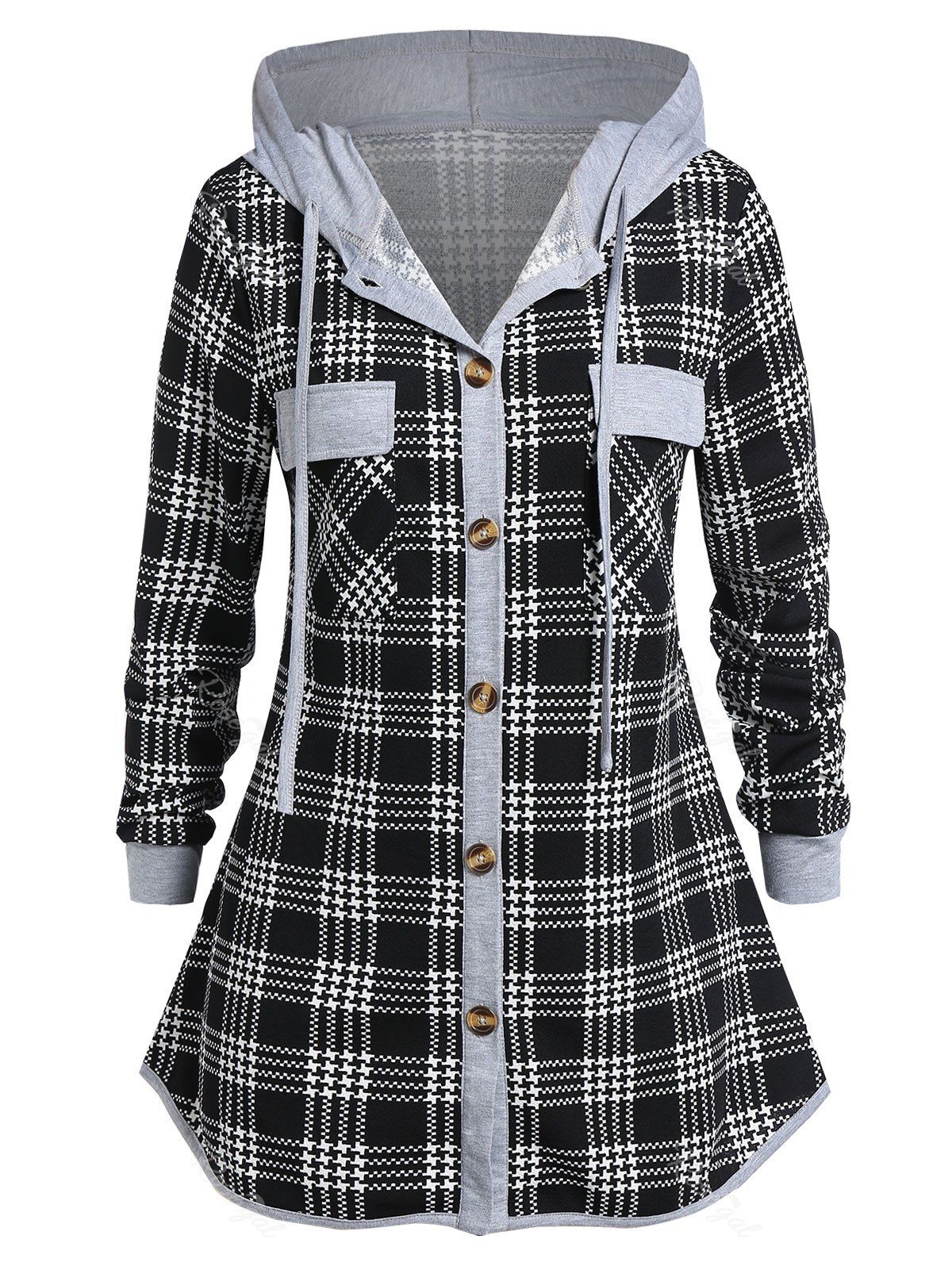 

Plus Size Tunic Hooded Plaid Shirt, Night