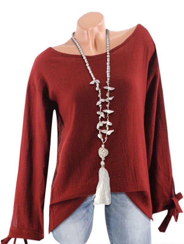 

Textured Tie Cuffs Long Sleeve Blouse, Red