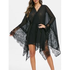 

Handkerchief Lace Insert Sheer Wrap Dress, Black