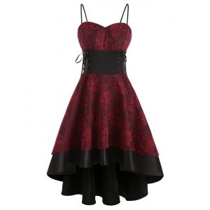 

Lace Up Empire Waist Dip Hem Party Dress, Red wine