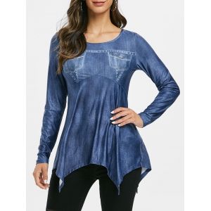 

Round Collar Asymmetrical Solid T Shirt, Silk blue