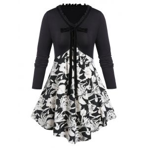 

Plus Size V Neck Floral Print Tunic T Shirt, Black