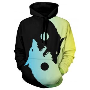 

Wolf Print Kangaroo Pocket Casual Hoodie, Tea green