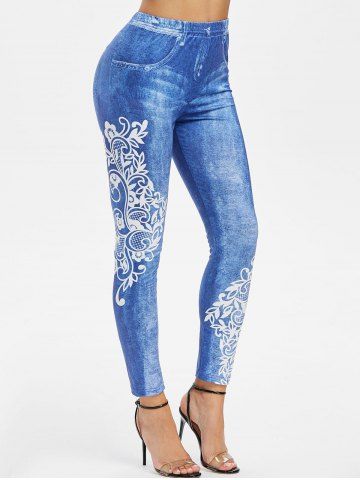 3D Floral Print Elastic Waist Skinny Jeggings
