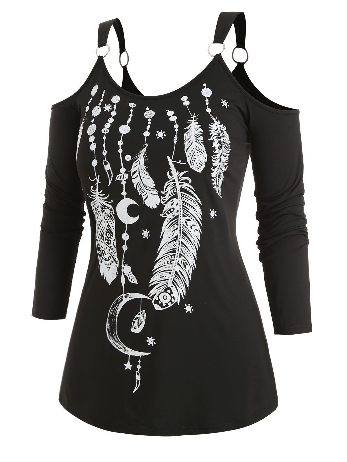 

Plus Size Cold Shoulder O Rings Feather Print T-shirt, Black