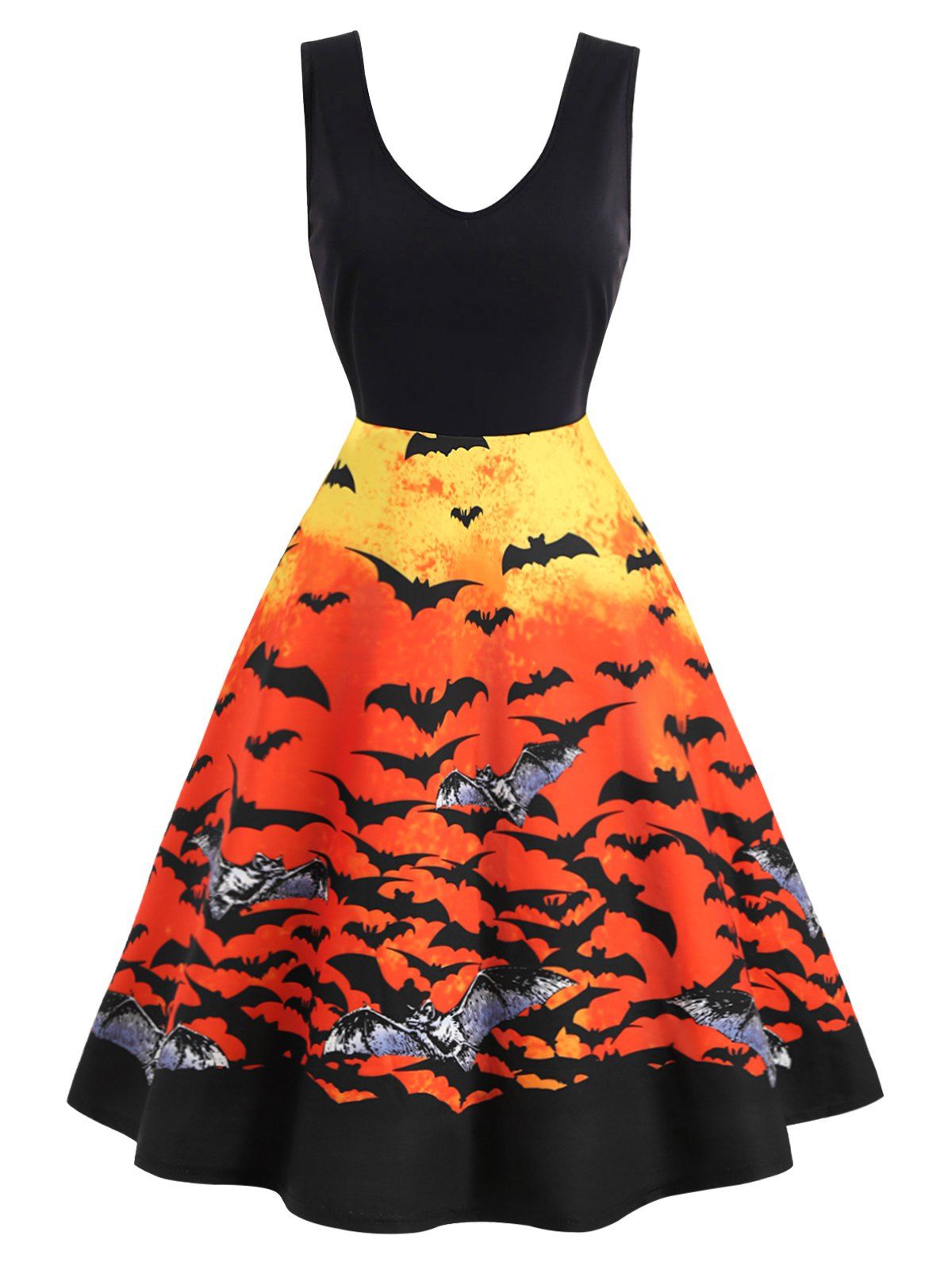 

Plus Size Retro Bat Print Gothic Halloween Pin Up Dress, Black