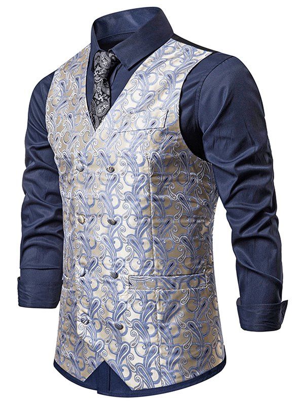Double Breasted Paisley Print Business Vest, Light khaki