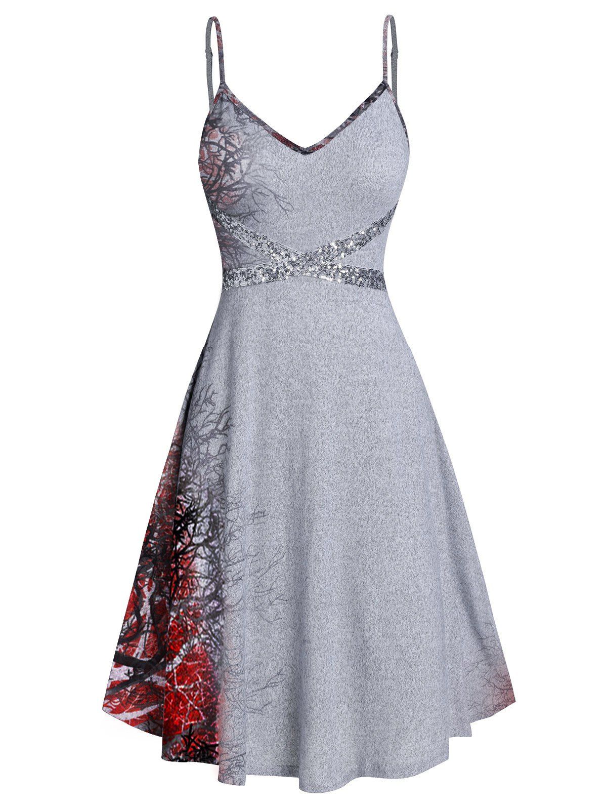 

Spaghetti Strap Tree Print Sequined Dress, Red wine