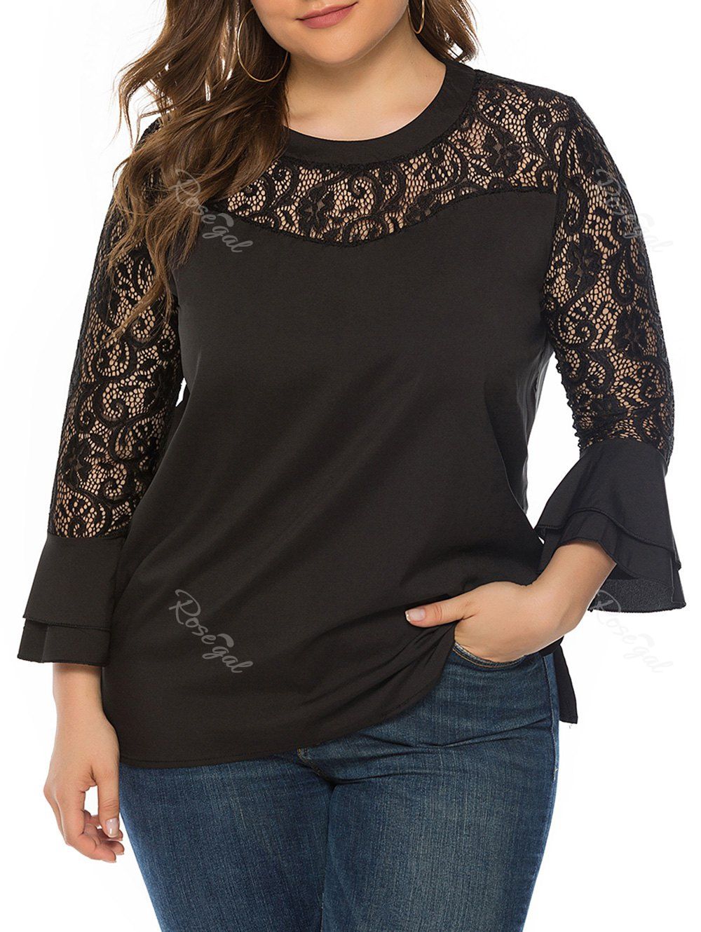 

Layered Flare Sleeve Lace Panel Plus Size Blouse, Black