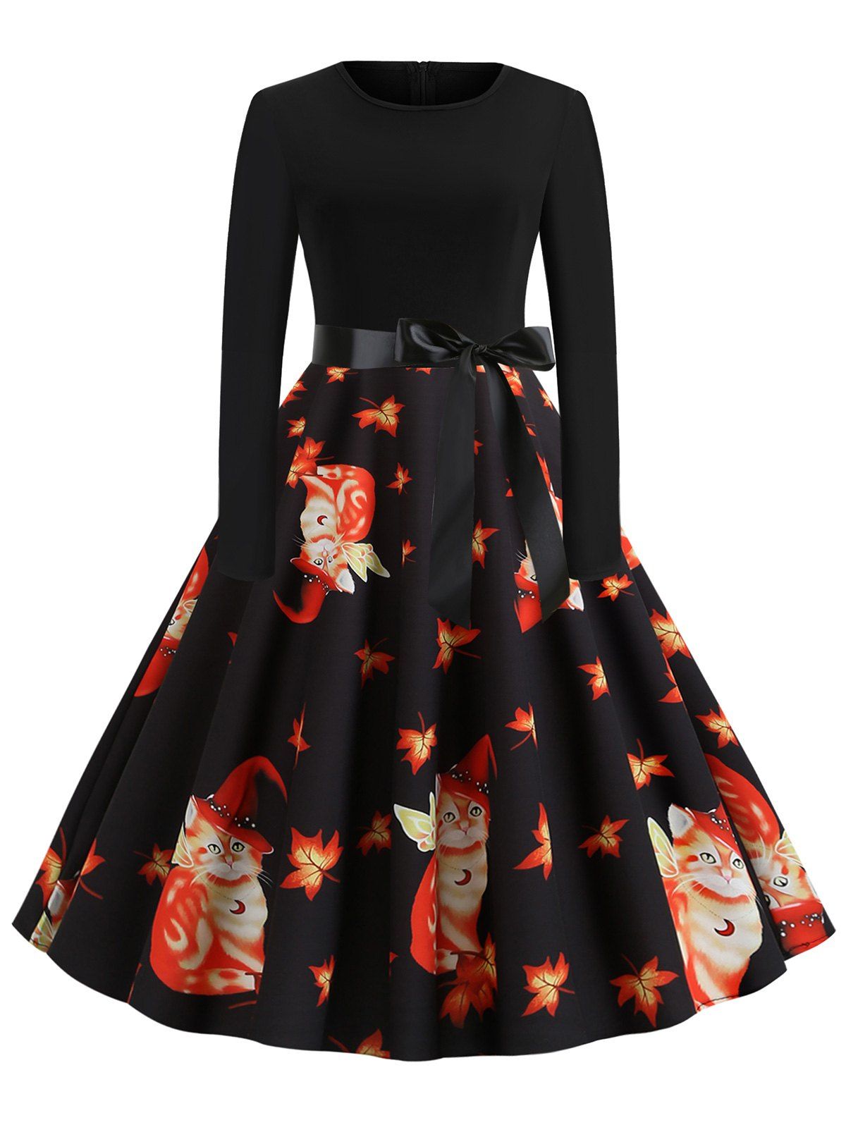 

Maple Leaves Cat Belted Long Sleeves Halloween Dress, Black
