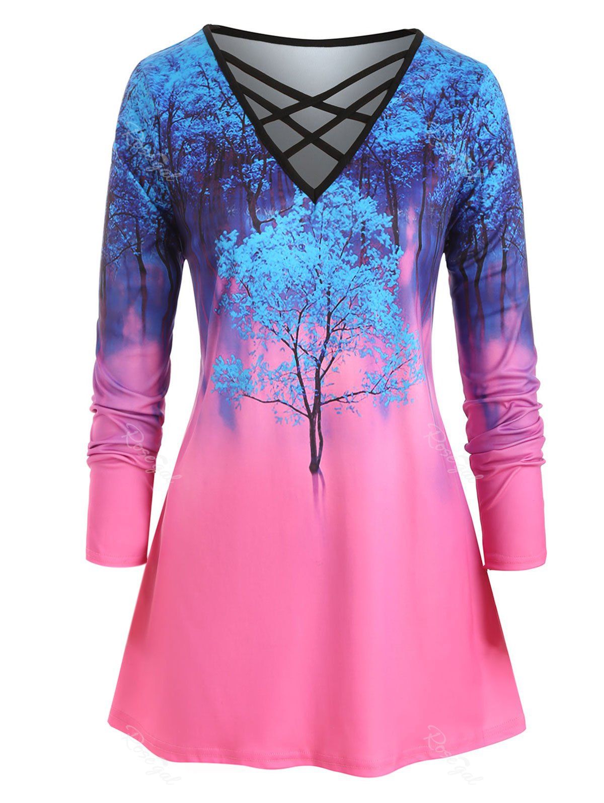 

Plus Size Criss Cross Ombre Tree Print T Shirt, Multi-a