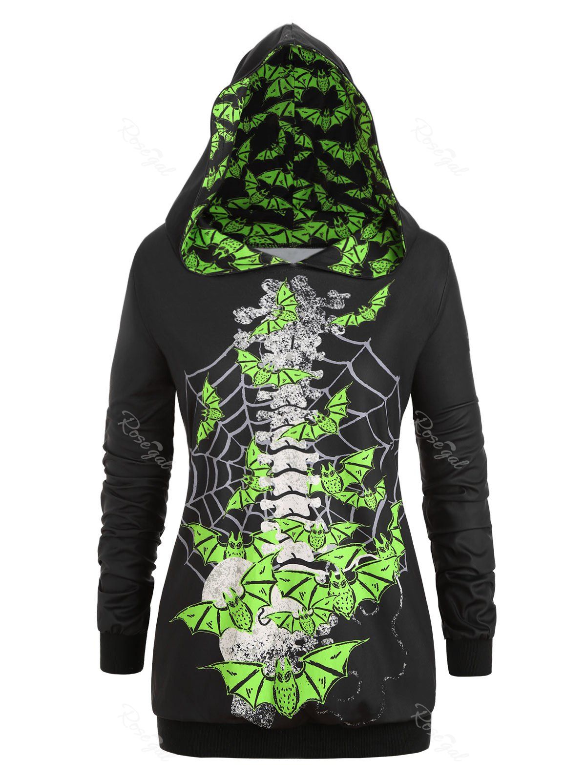 

Plus Size Neon Bat Skeleton Print Halloween Gothic Hoodie, Black