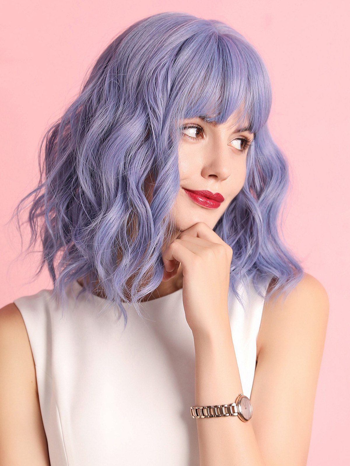 

See-through Bang Medium Wavy Synthetic Cosplay Wig, Purple