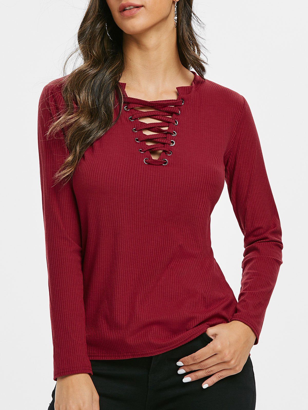 

Lace-up Grommets Ribbed Knitwear, Red
